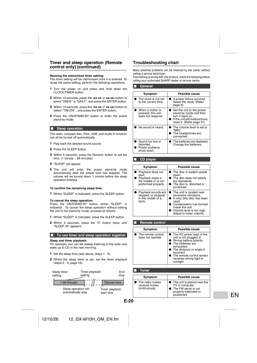 Sharp GX-M10H(RD) Troubleshooting chart, Sleep operation, To use timer and sleep operation together, CD player, Tuner 