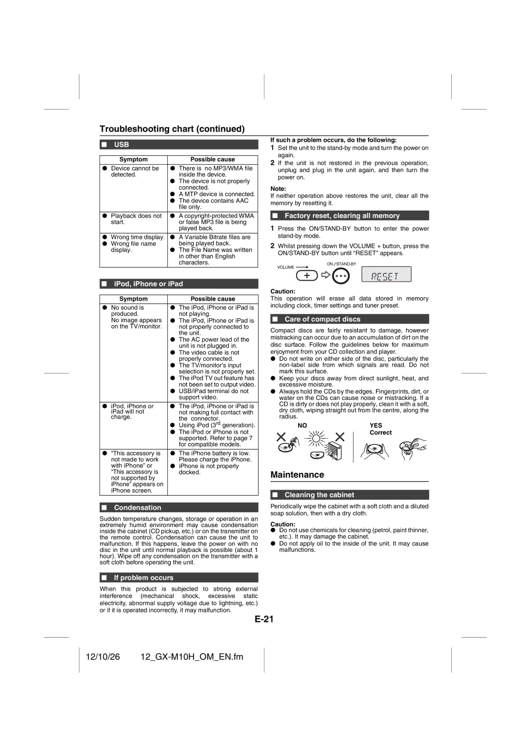 Sharp GX-M10H(OR), GX-M10H(RD) operation manual Maintenance 