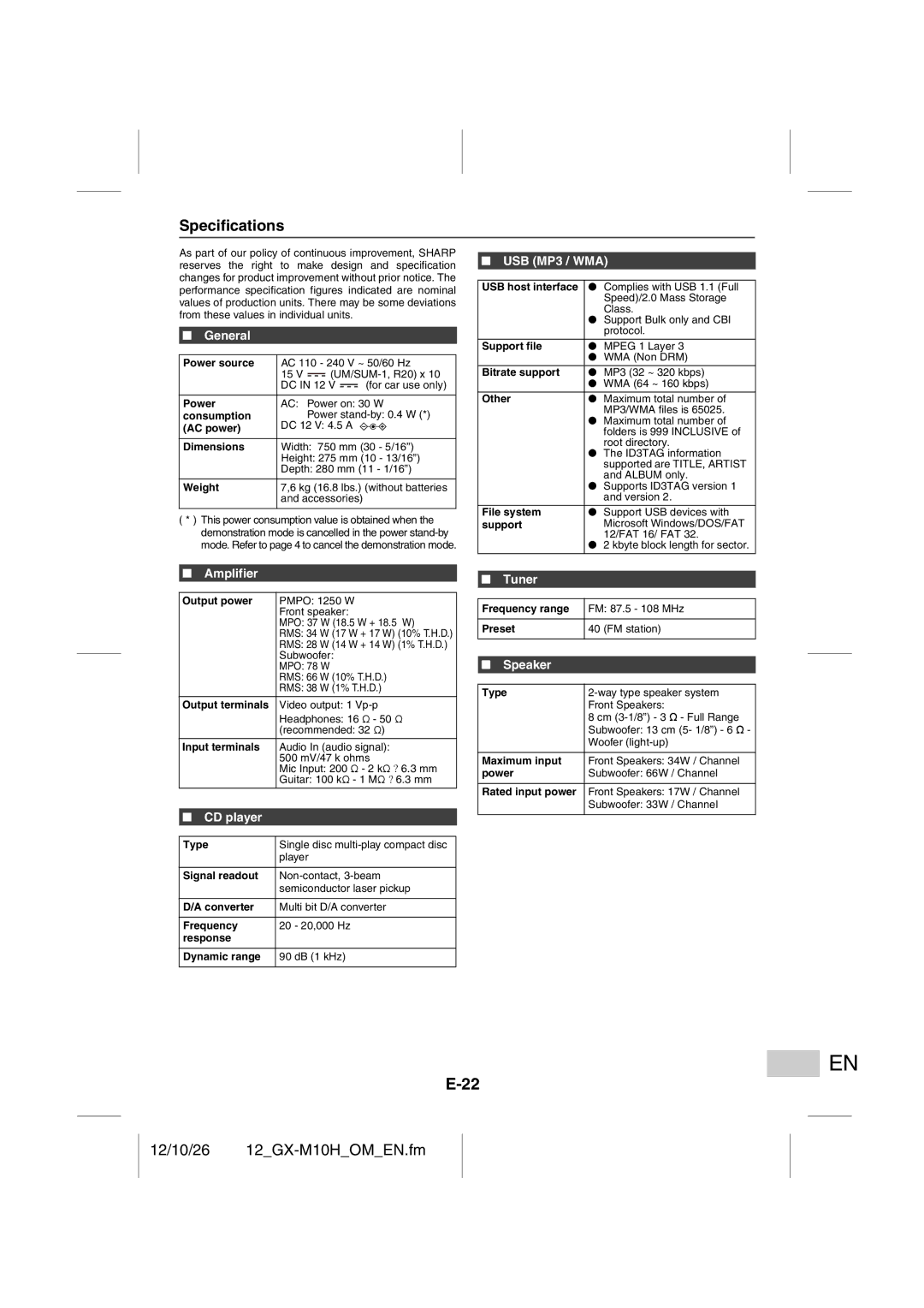 Sharp GX-M10H(RD), GX-M10H(OR) operation manual Specifications, USB MP3 / WMA, Amplifier, Speaker 