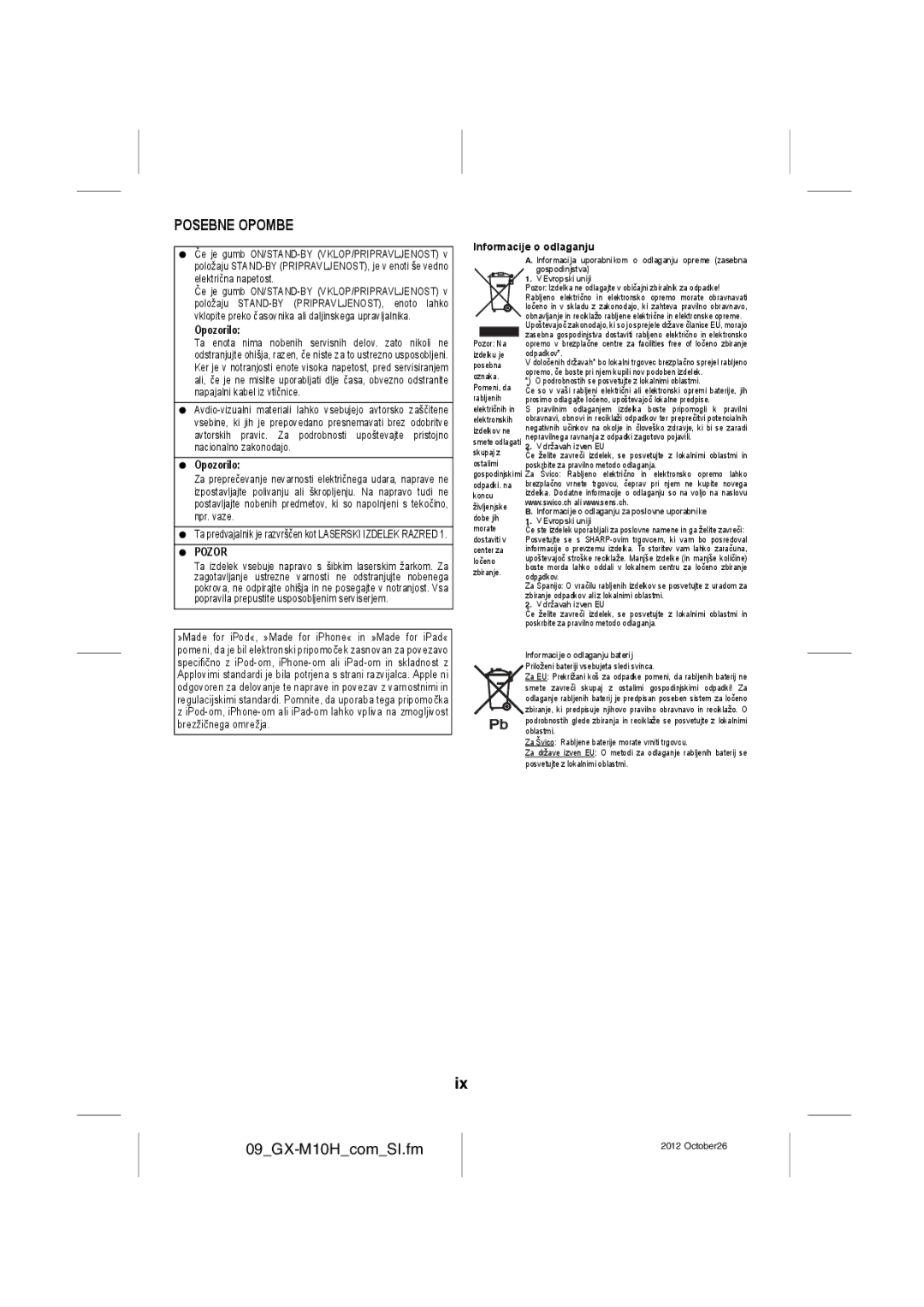 Sharp GX-M10H(OR), GX-M10H(RD) operation manual 09GX-M10HcomSI.fm, Posebne Opombe, Informacije o odlaganju, Opozorilo, Pozor 