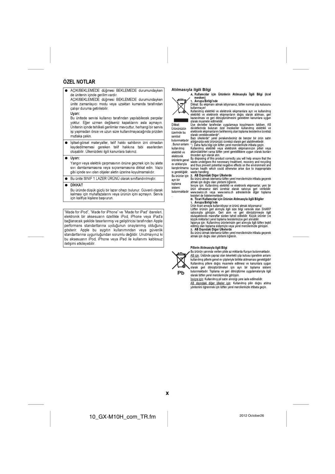 Sharp GX-M10H(RD), GX-M10H(OR) operation manual 10GX-M10HcomTR.fm, Özel Notlar, Atılmasıyla ilgili Bilgi, Uyarı, Dİkkat 