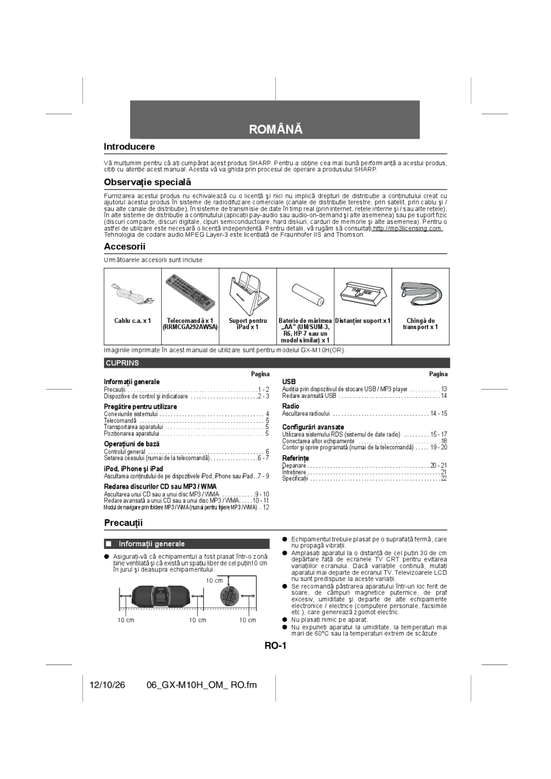 Sharp GX-M10H(OR), GX-M10H(RD) operation manual RO-1, Introducere, Observaţie specială, Accesorii, Precauţii 