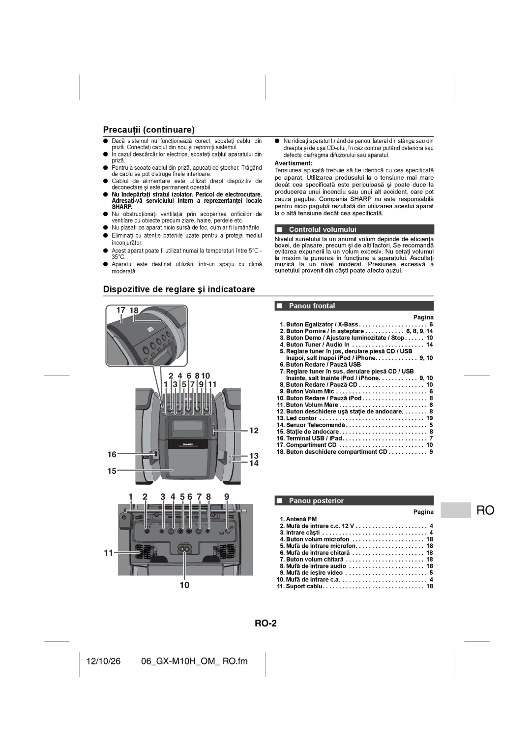 Sharp GX-M10H(RD), GX-M10H(OR) operation manual RO-2, Precauţii continuare, Dispozitive de reglare şi indicatoare 