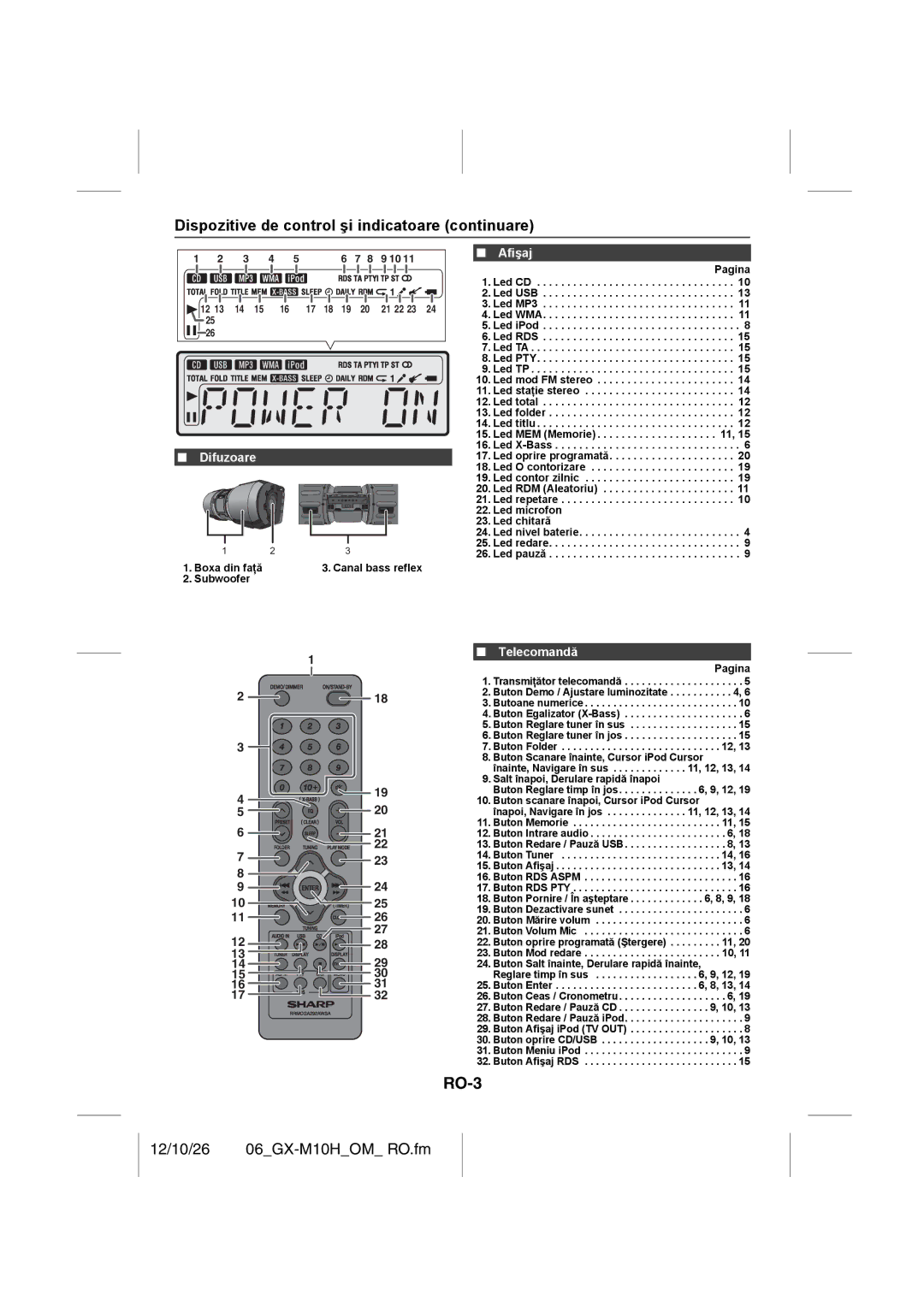 Sharp GX-M10H(OR), GX-M10H(RD) operation manual RO-3, Dispozitive de control şi indicatoare continuare, Afişaj, Telecomandă 