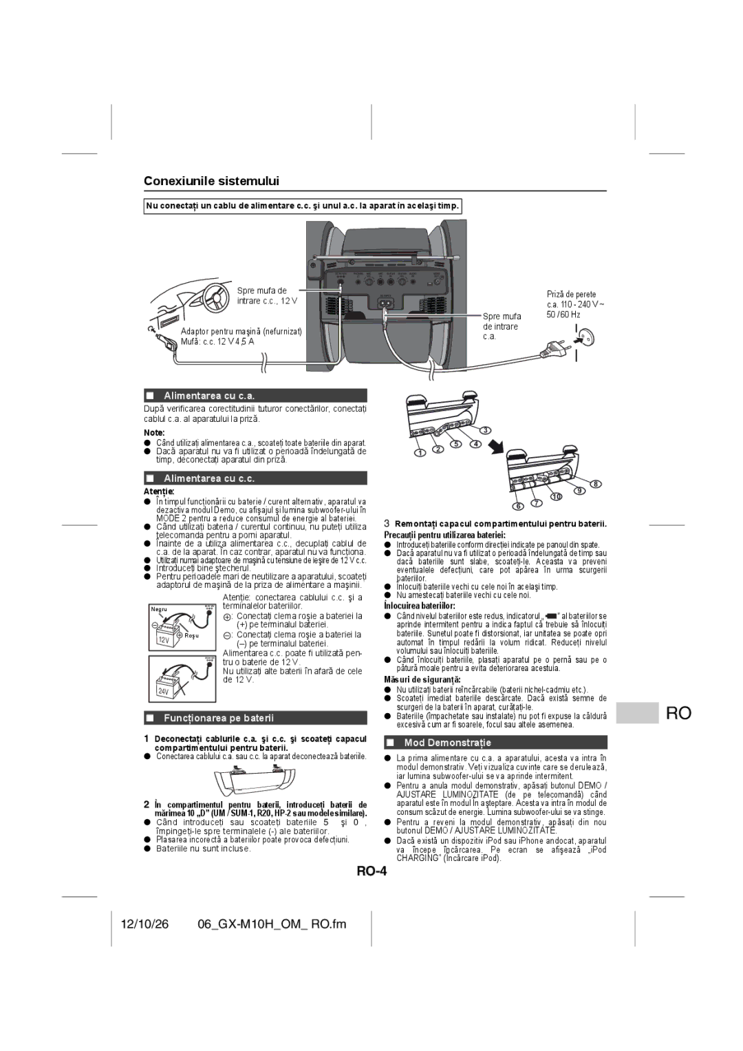 Sharp GX-M10H(RD), GX-M10H(OR) operation manual RO-4, Conexiunile sistemului 