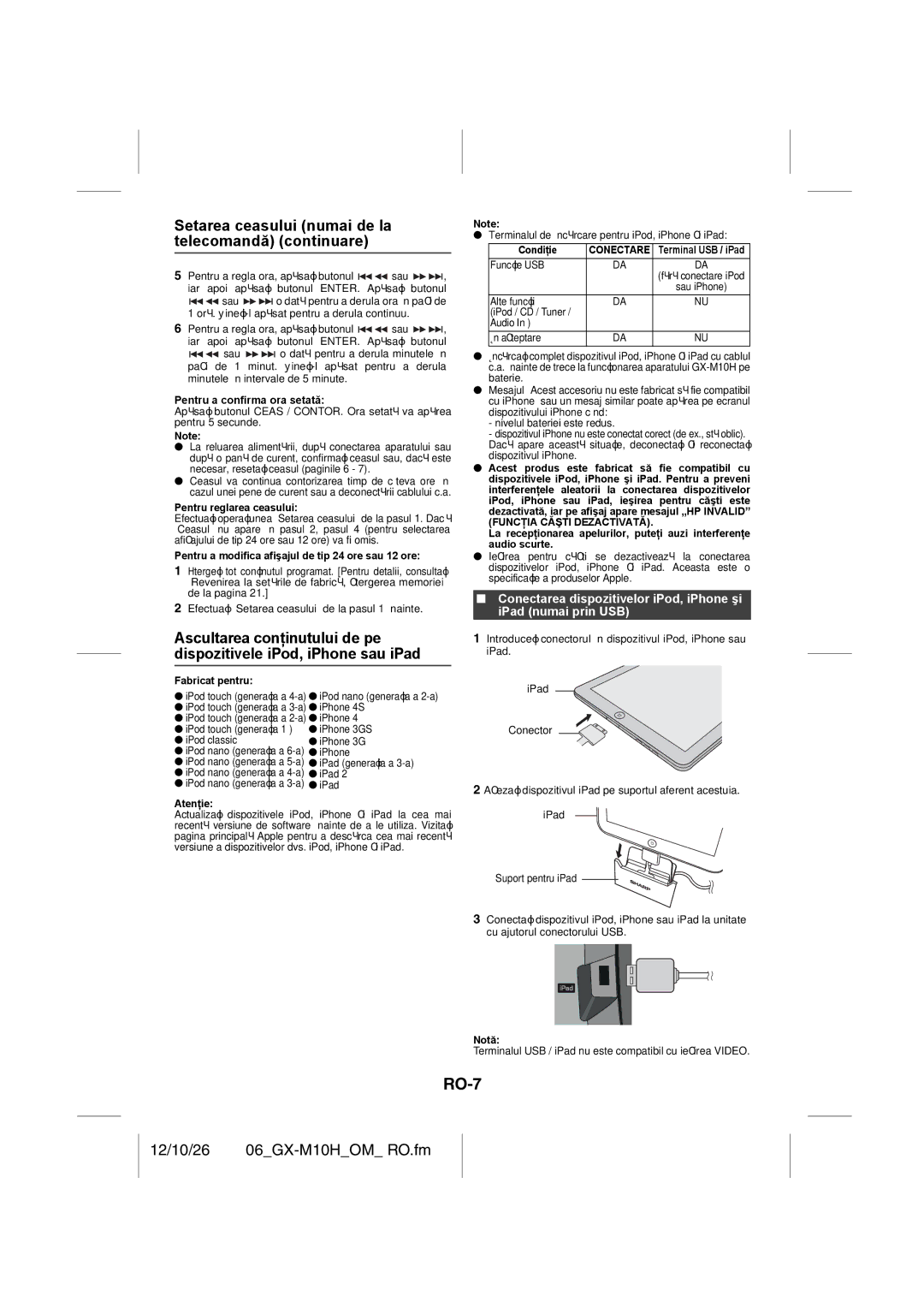 Sharp GX-M10H(OR), GX-M10H(RD) operation manual RO-7, Setarea ceasului numai de la telecomandă continuare 