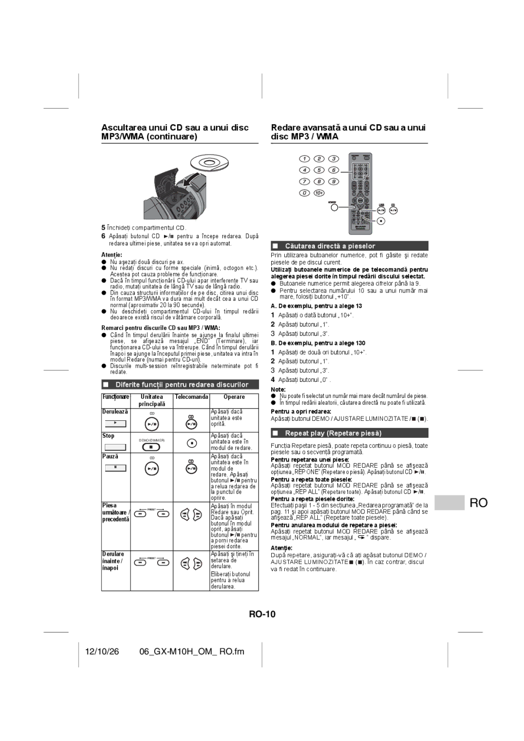 Sharp GX-M10H(RD), GX-M10H(OR) RO-10, Diferite funcţii pentru redarea discurilor, Căutarea directă a pieselor 