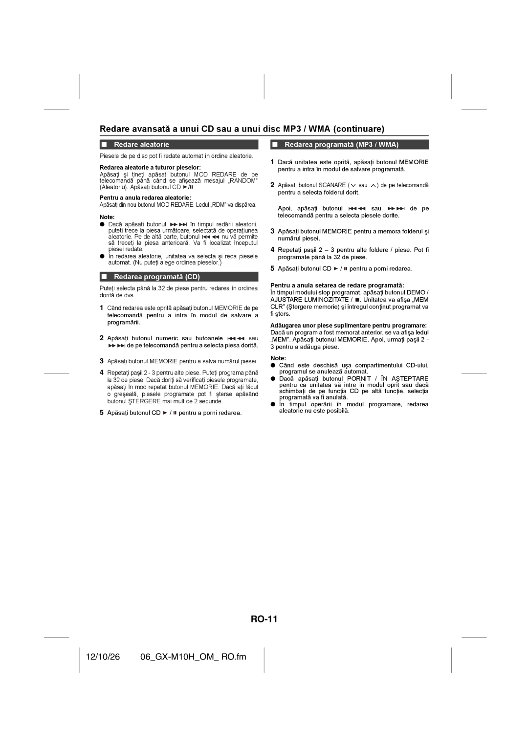 Sharp GX-M10H(OR), GX-M10H(RD) operation manual RO-11, Redare aleatorie, Redarea programată CD, Redarea programată MP3 / WMA 