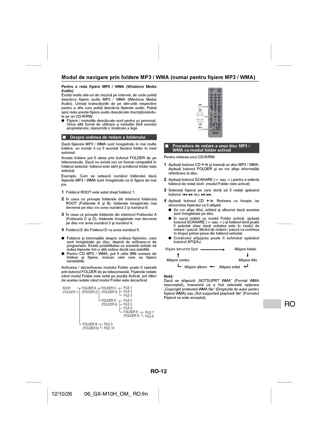 Sharp GX-M10H(RD) RO-12, Despre ordinea de redare a folderului, Pentru a reda fişiere MP3 / WMA Windows Media Audio 