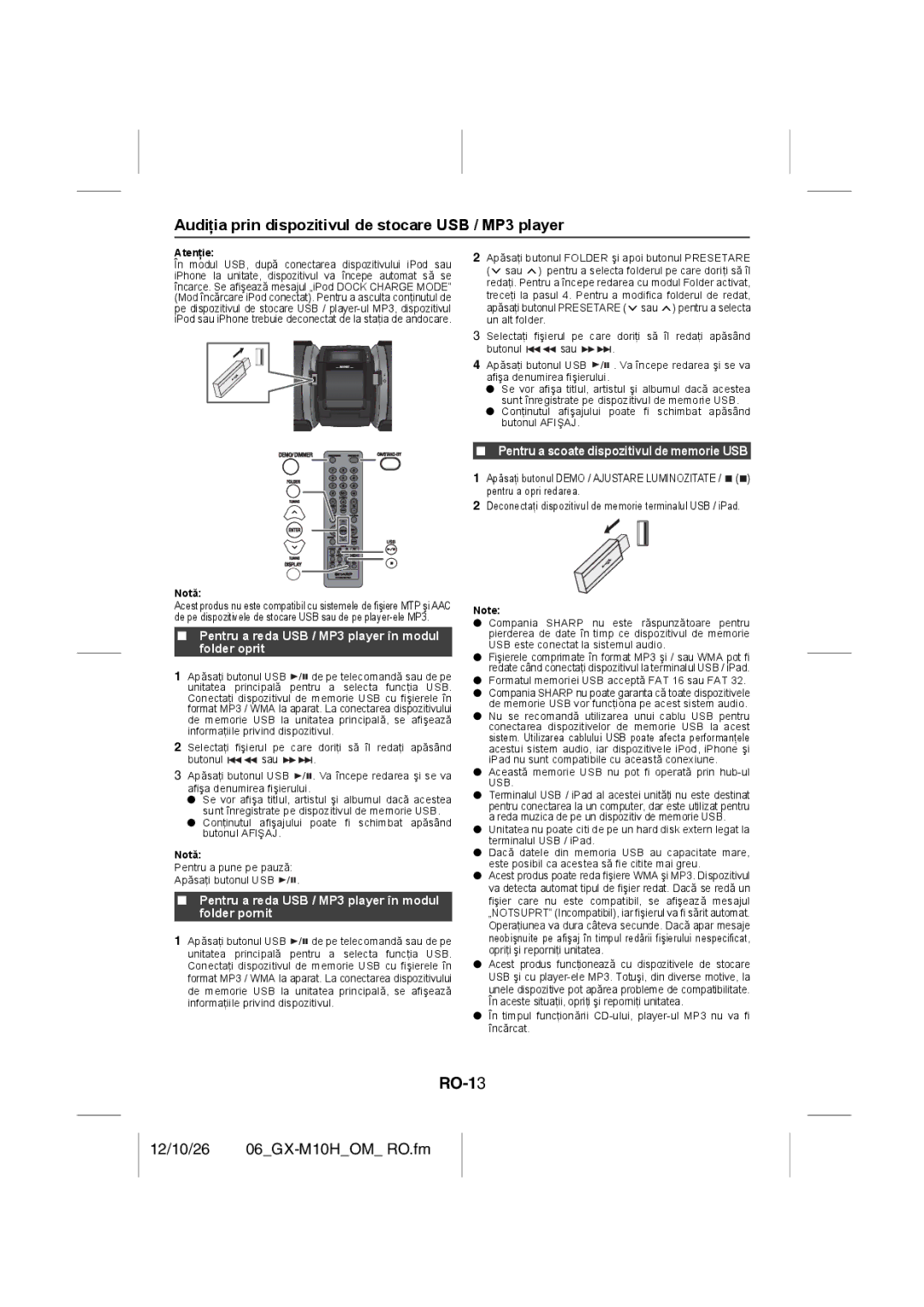 Sharp GX-M10H(OR), GX-M10H(RD) operation manual RO-13, Audiţia prin dispozitivul de stocare USB / MP3 player 