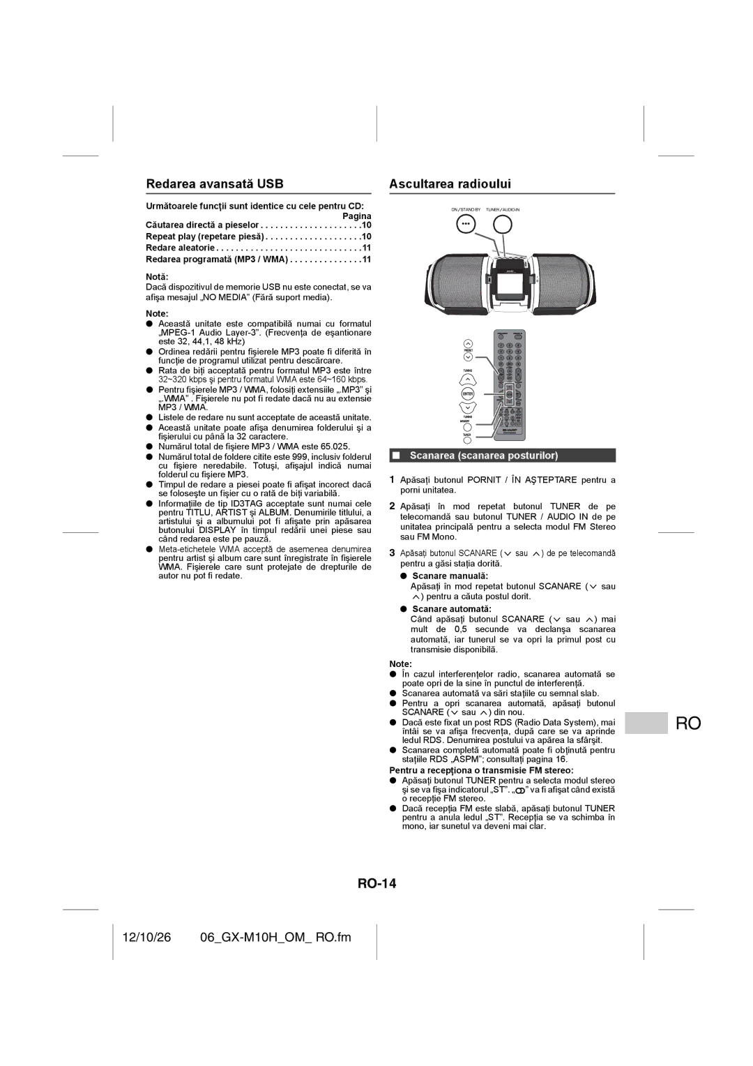 Sharp GX-M10H(RD), GX-M10H(OR) RO-14, Redarea avansată USB, Ascultarea radioului, Scanarea scanarea posturilor 