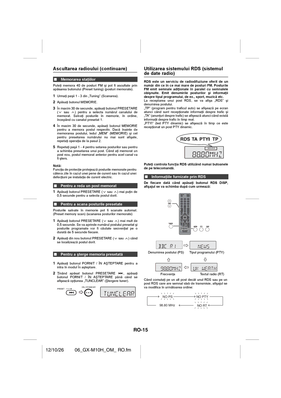 Sharp GX-M10H(OR), GX-M10H(RD) RO-15, Ascultarea radioului continuare, Utilizarea sistemului RDS sistemul de date radio 