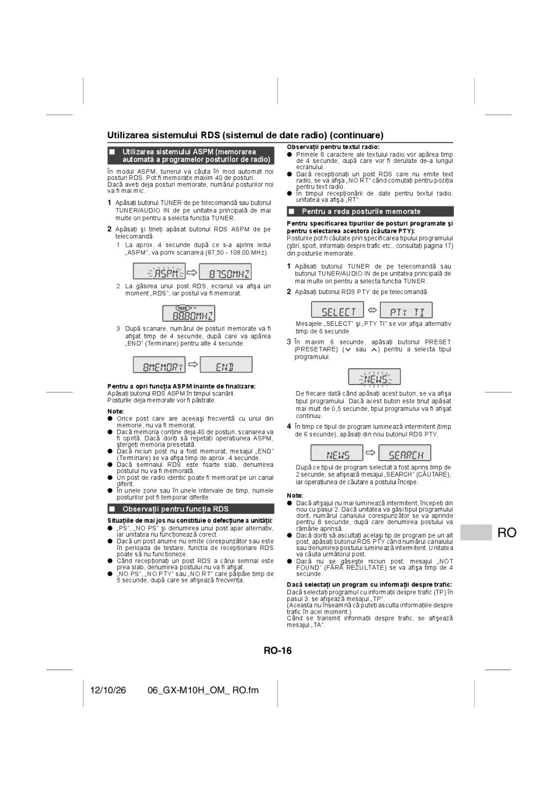 Sharp GX-M10H(RD) RO-16, Utilizarea sistemului RDS sistemul de date radio continuare, Observaţii pentru funcţia RDS 