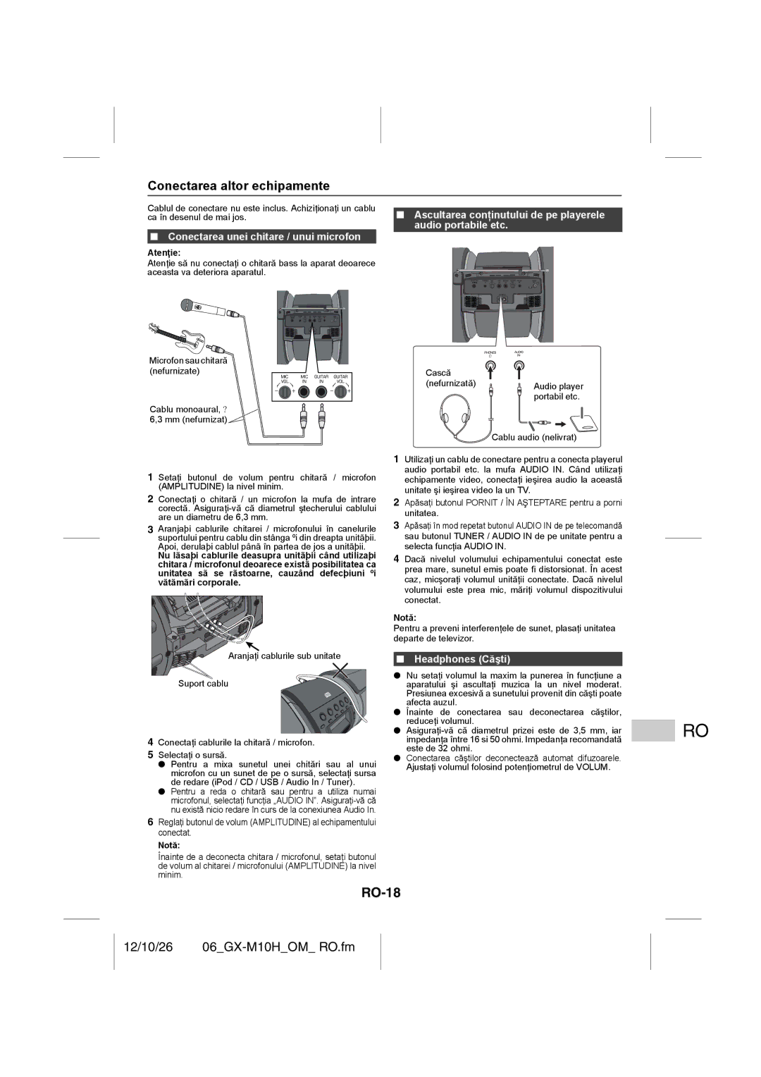 Sharp GX-M10H(RD) RO-18, Conectarea altor echipamente, Conectarea unei chitare / unui microfon, Headphones Căşti 