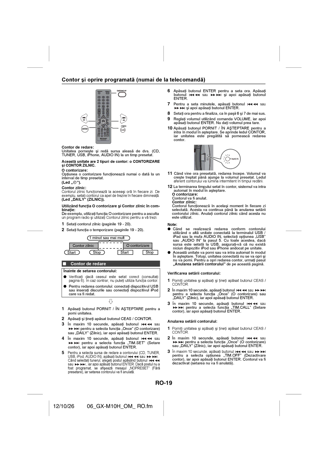 Sharp GX-M10H(OR), GX-M10H(RD) operation manual RO-19, Contor şi oprire programată numai de la telecomandă, Contor de redare 