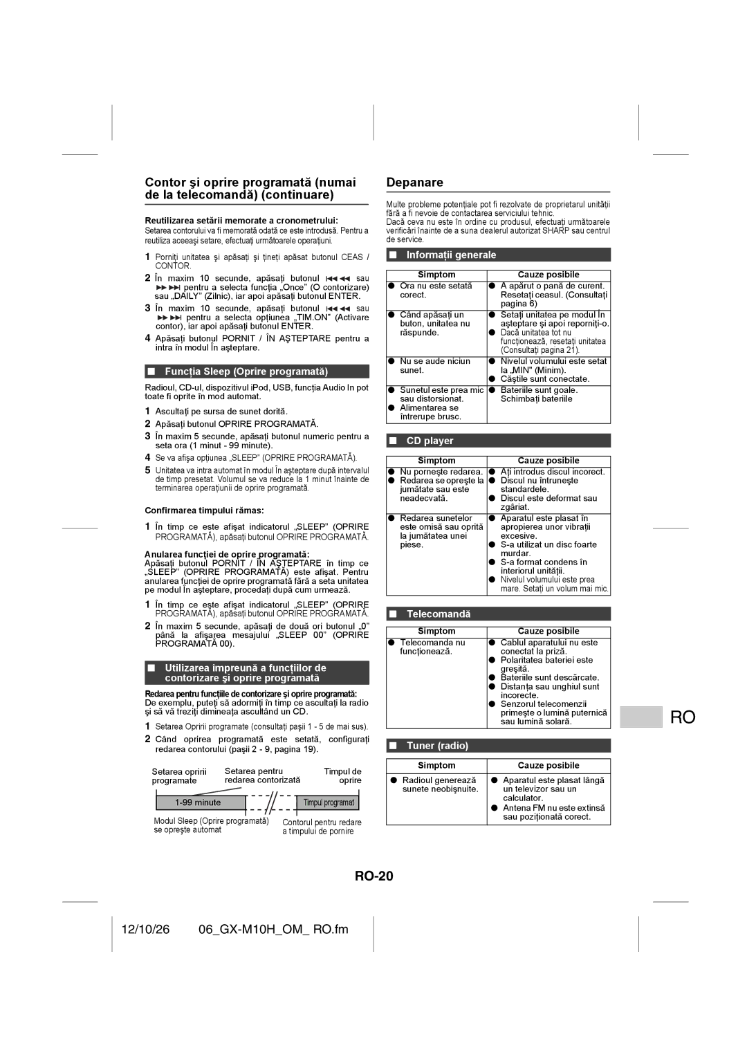 Sharp GX-M10H(RD), GX-M10H(OR) operation manual RO-20, Depanare, Funcţia Sleep Oprire programată, CD player, Tuner radio 