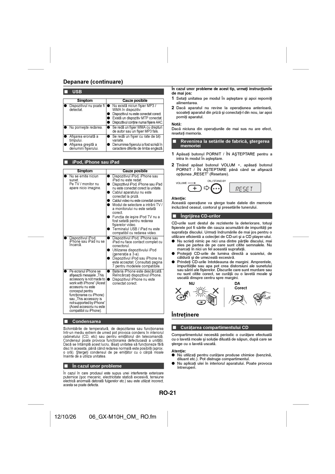 Sharp GX-M10H(OR), GX-M10H(RD) operation manual RO-21, Depanare continuare, Întreţinere 