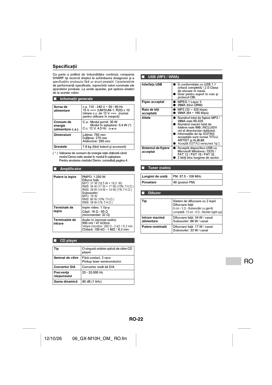 Sharp GX-M10H(RD), GX-M10H(OR) operation manual RO-22, Specificaţii, Amplificator, Difuzor 