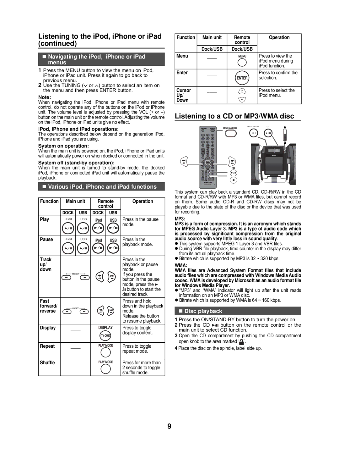 Sharp GX-M10H(OR) Listening to a CD or MP3/WMA disc, „ Navigating the iPod, iPhone or iPad menus, „ Disc playback 