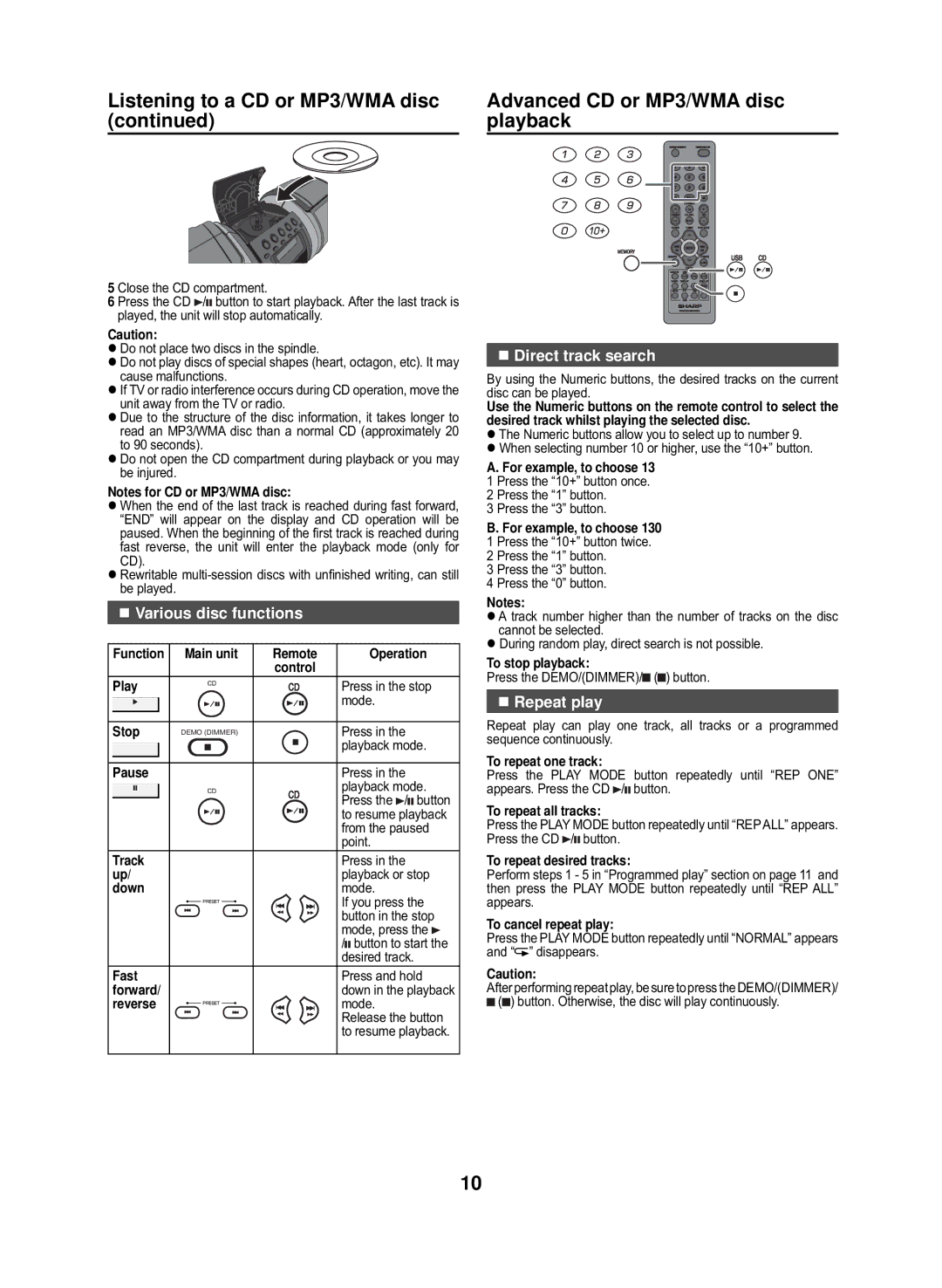 Sharp GX-M10H(RD), GX-M10H(OR) operation manual „ Various disc functions, „ Direct track search, „ Repeat play 