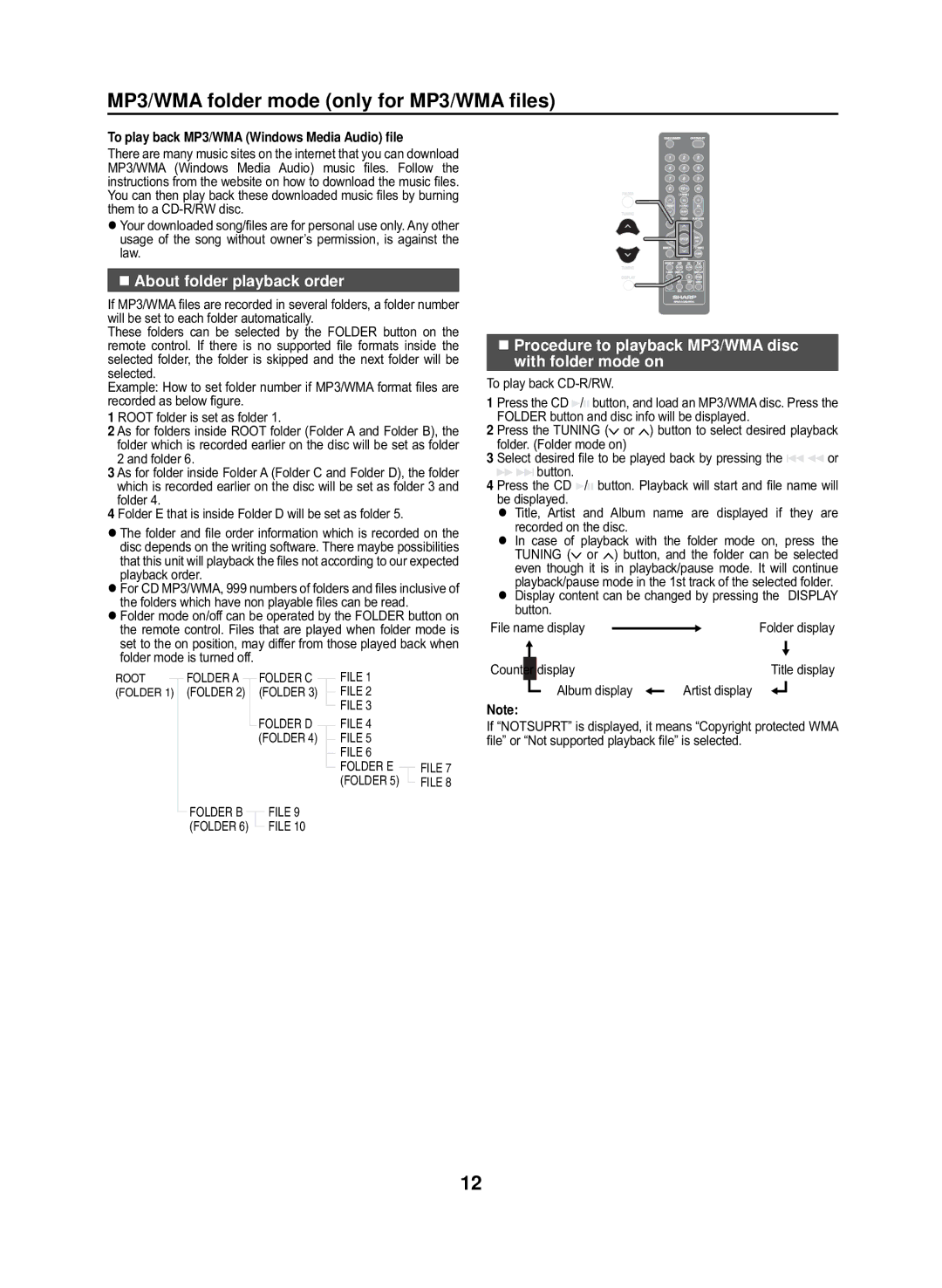 Sharp GX-M10H(RD), GX-M10H(OR) operation manual MP3/WMA folder mode only for MP3/WMA ﬁles, „ About folder playback order 