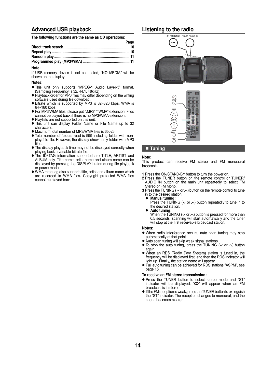 Sharp GX-M10H(RD), GX-M10H(OR) operation manual Advanced USB playback, Listening to the radio, „ Tuning 