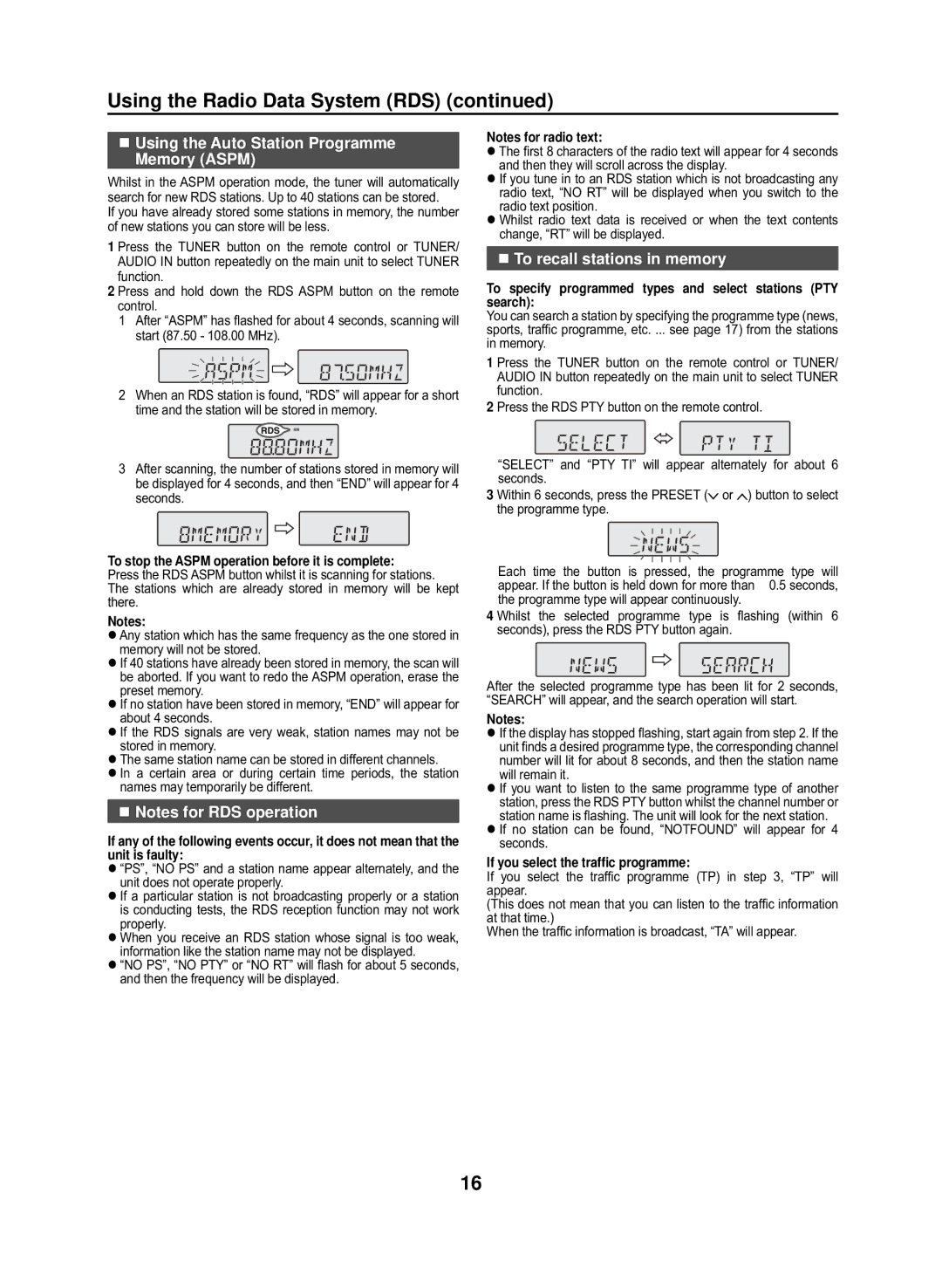 Sharp GX-M10H(RD), GX-M10H(OR) operation manual „ Using the Auto Station Programme Memory Aspm, „ Notes for RDS operation 