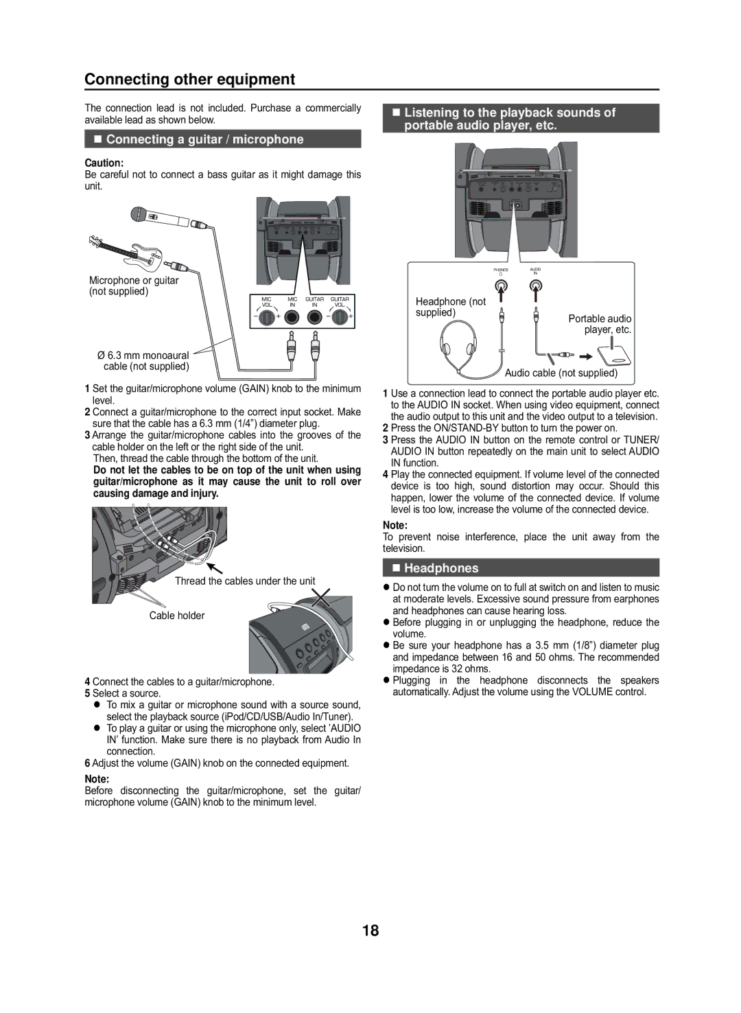 Sharp GX-M10H(RD), GX-M10H(OR) operation manual Connecting other equipment, „ Connecting a guitar / microphone, „ Headphones 