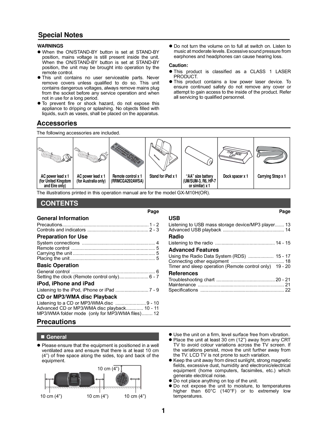 Sharp GX-M10H(OR), GX-M10H(RD) operation manual Contents 