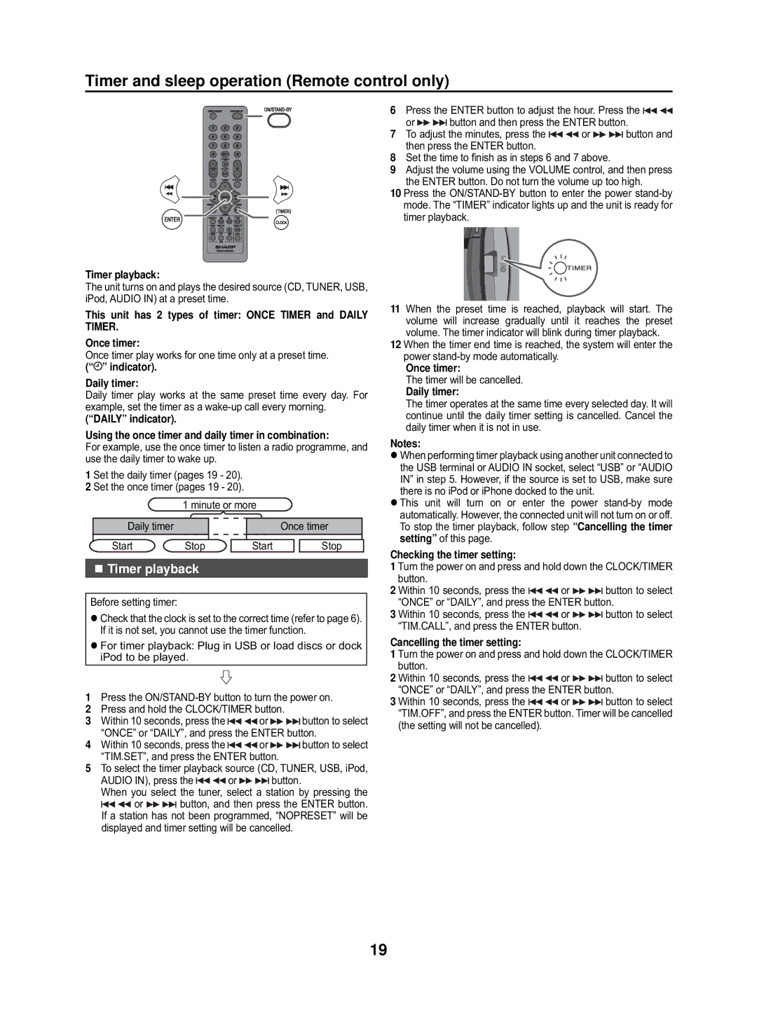 Sharp GX-M10H(OR), GX-M10H(RD) operation manual Timer and sleep operation Remote control only, „ Timer playback 