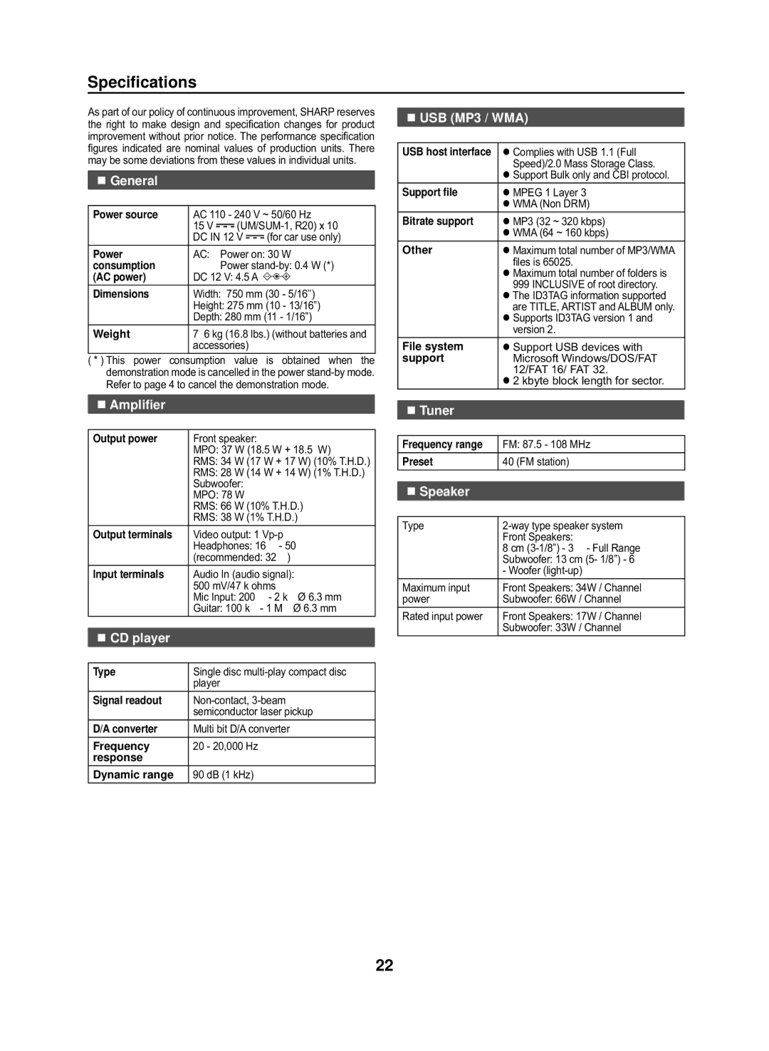 Sharp GX-M10H(RD), GX-M10H(OR) operation manual Speciﬁcations, „ Ampliﬁer, „ USB MP3 / WMA, „ Speaker 