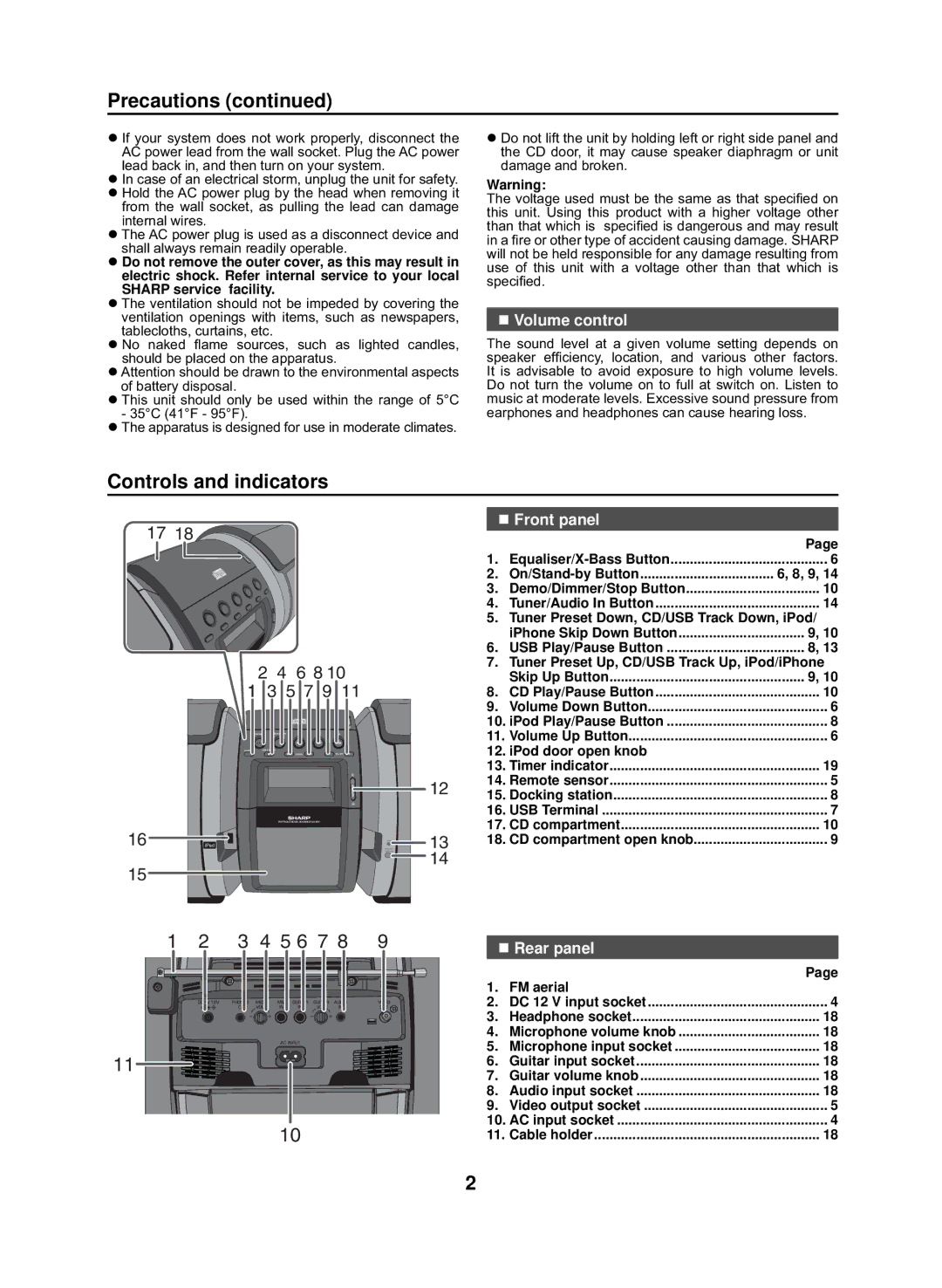 Sharp GX-M10H(RD), GX-M10H(OR) operation manual Controls and indicators, „ Volume control, „ Front panel, „ Rear panel 