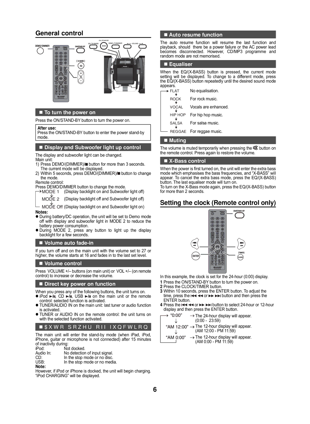 Sharp GX-M10H(RD), GX-M10H(OR) operation manual General control, Setting the clock Remote control only 