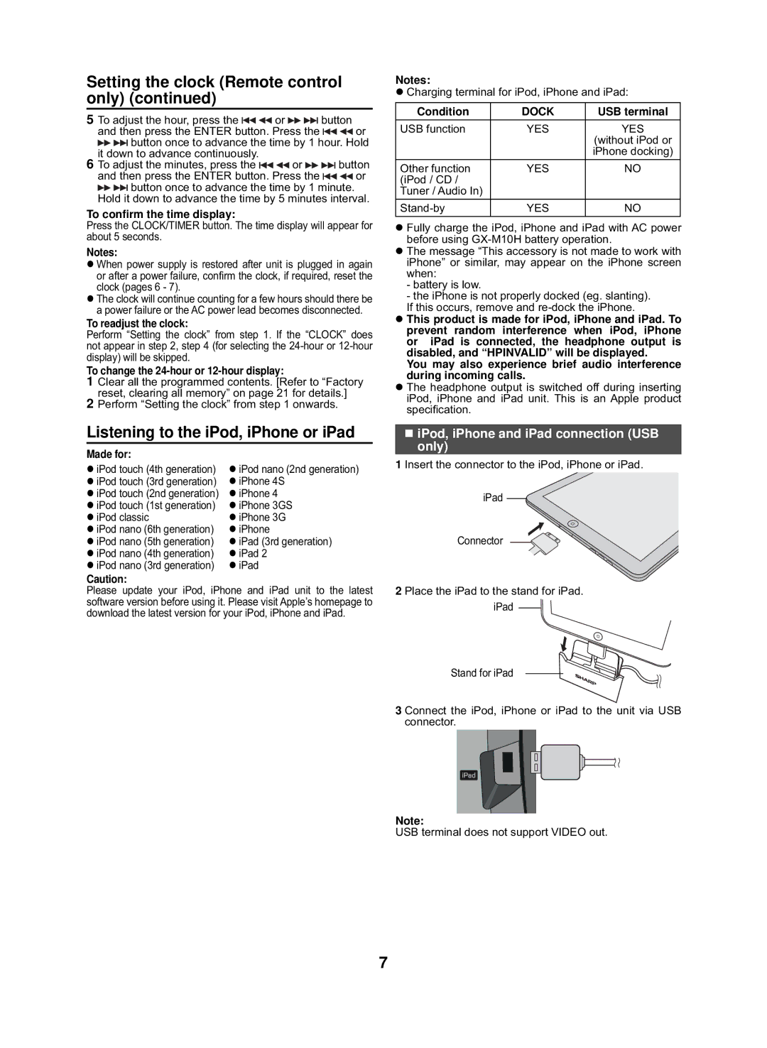 Sharp GX-M10H(OR), GX-M10H(RD) Listening to the iPod, iPhone or iPad, „ iPod, iPhone and iPad connection USB only 