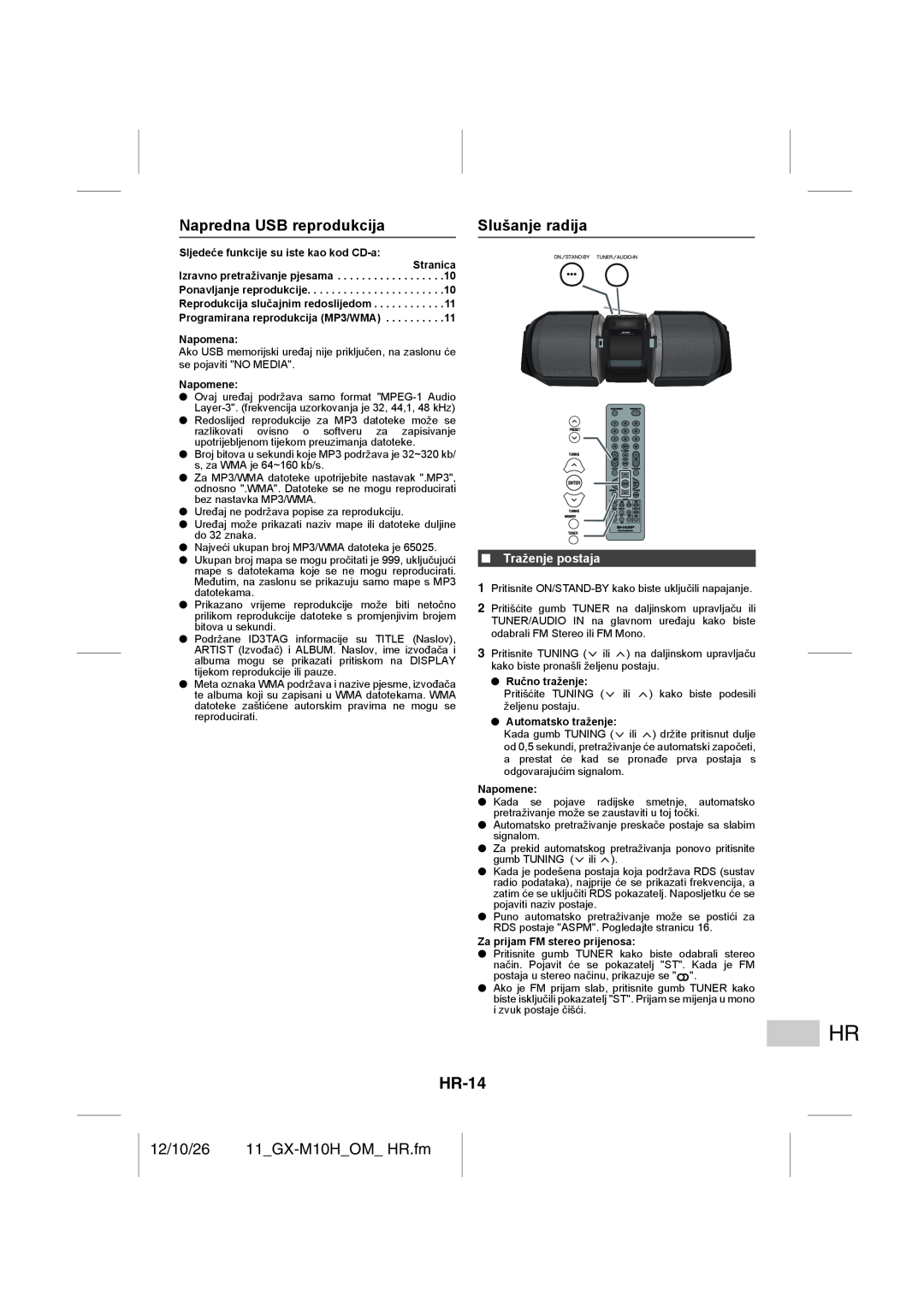 Sharp GX-M10H(RD) HR-14, Napredna USB reprodukcija, Slušanje radija, Traženje postaja, 12/10/26 11_GX-M10H_OM_HR.fm 
