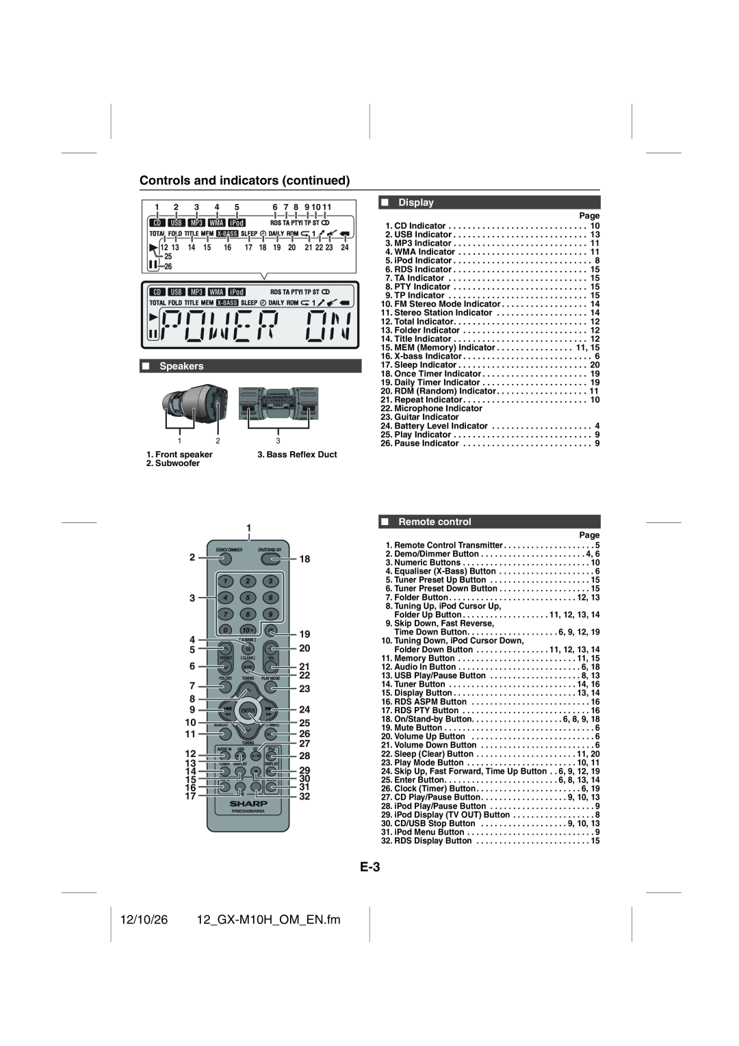 Sharp GX-M10H(OR), GX-M10H(RD) Controls and indicators continued, Display, Remote control, 12/10/26 12_GX-M10H_OM_EN.fm 