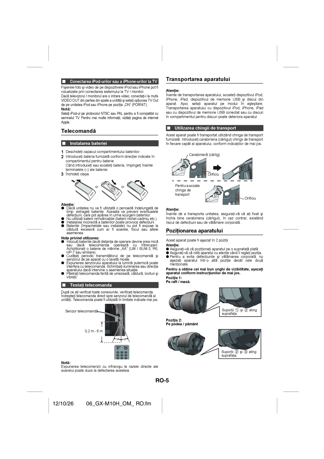 Sharp GX-M10H(OR), GX-M10H(RD) operation manual RO-5, 12/10/26 06 GX-M10H OM RO.fm, Instalarea bateriei, Testaţi telecomanda 