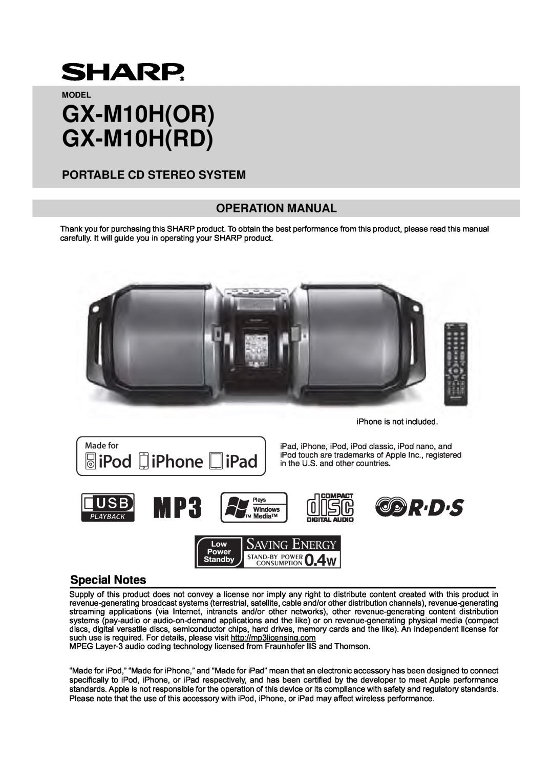 Sharp GX-M10H(RD), GX-M10H(OR) operation manual Special Notes, GX-M10HOR GX-M10HRD 