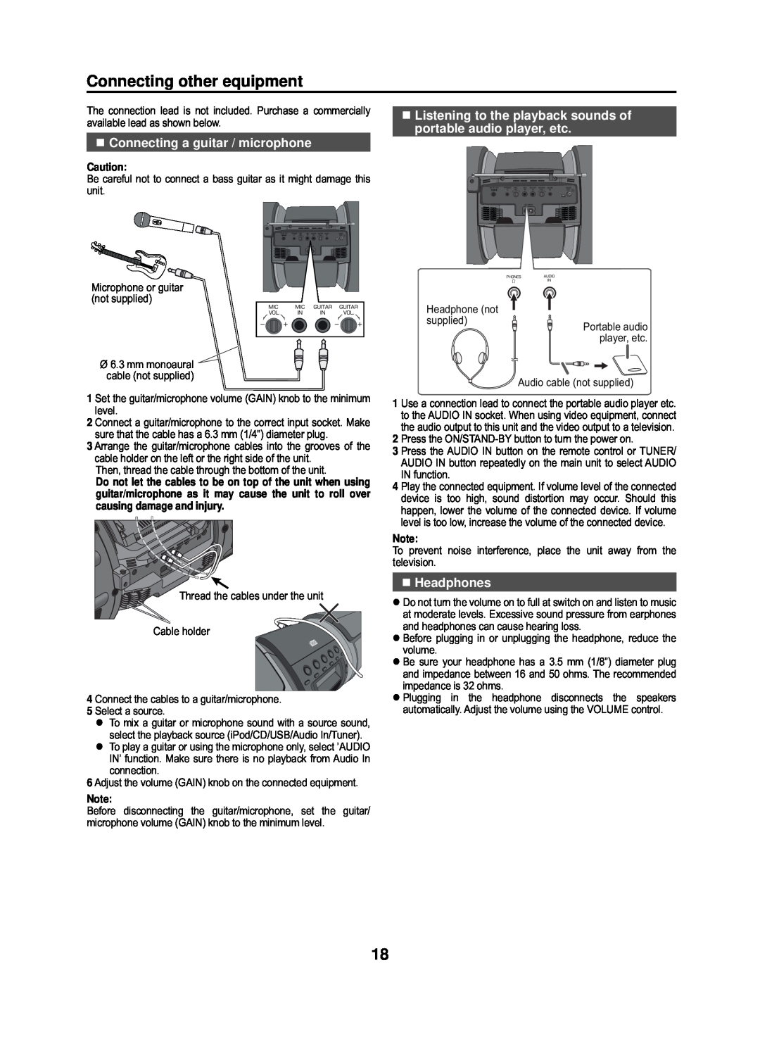 Sharp GX-M10H(RD), GX-M10H(OR) operation manual Connecting other equipment, „Connecting a guitar / microphone, „Headphones 
