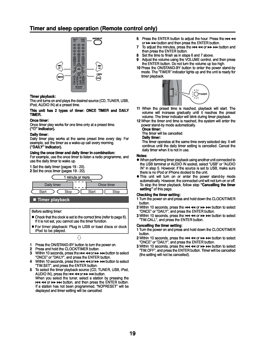 Sharp GX-M10H(OR), GX-M10H(RD) operation manual Timer and sleep operation Remote control only, „Timer playback 