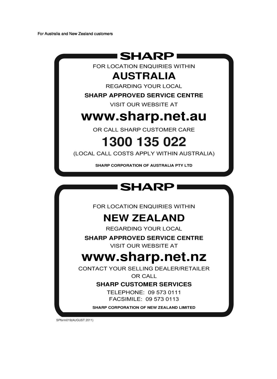 Sharp GX-M10H(OR), GX-M10H(RD) Sharp Approved Service Centre, Sharp Customer Services, 1300, Australia, New Zealand 