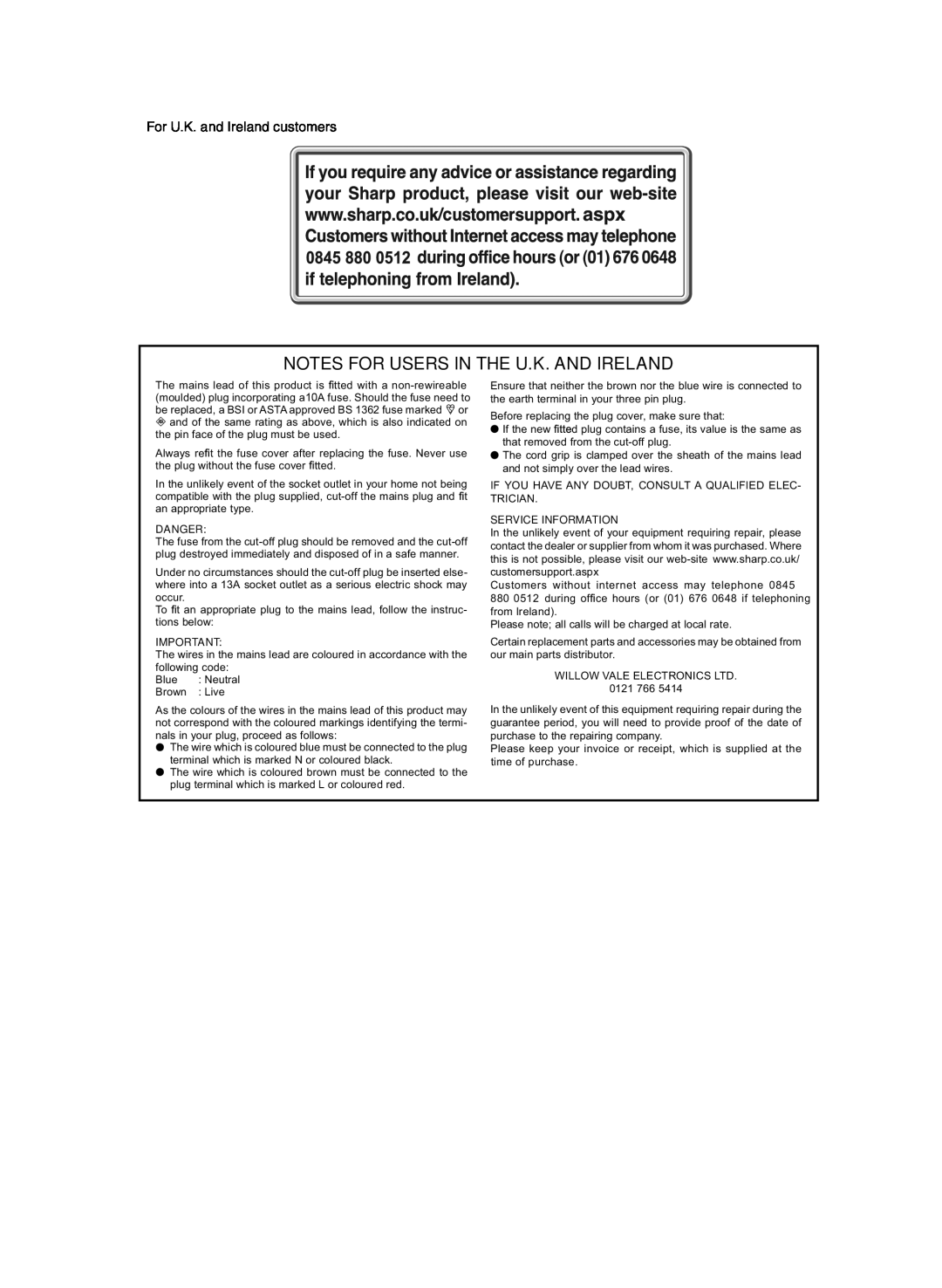 Sharp GX-M10H(OR), GX-M10H(RD) operation manual Notes For Users In The U.K. And Ireland, For U.K. and Ireland customers 