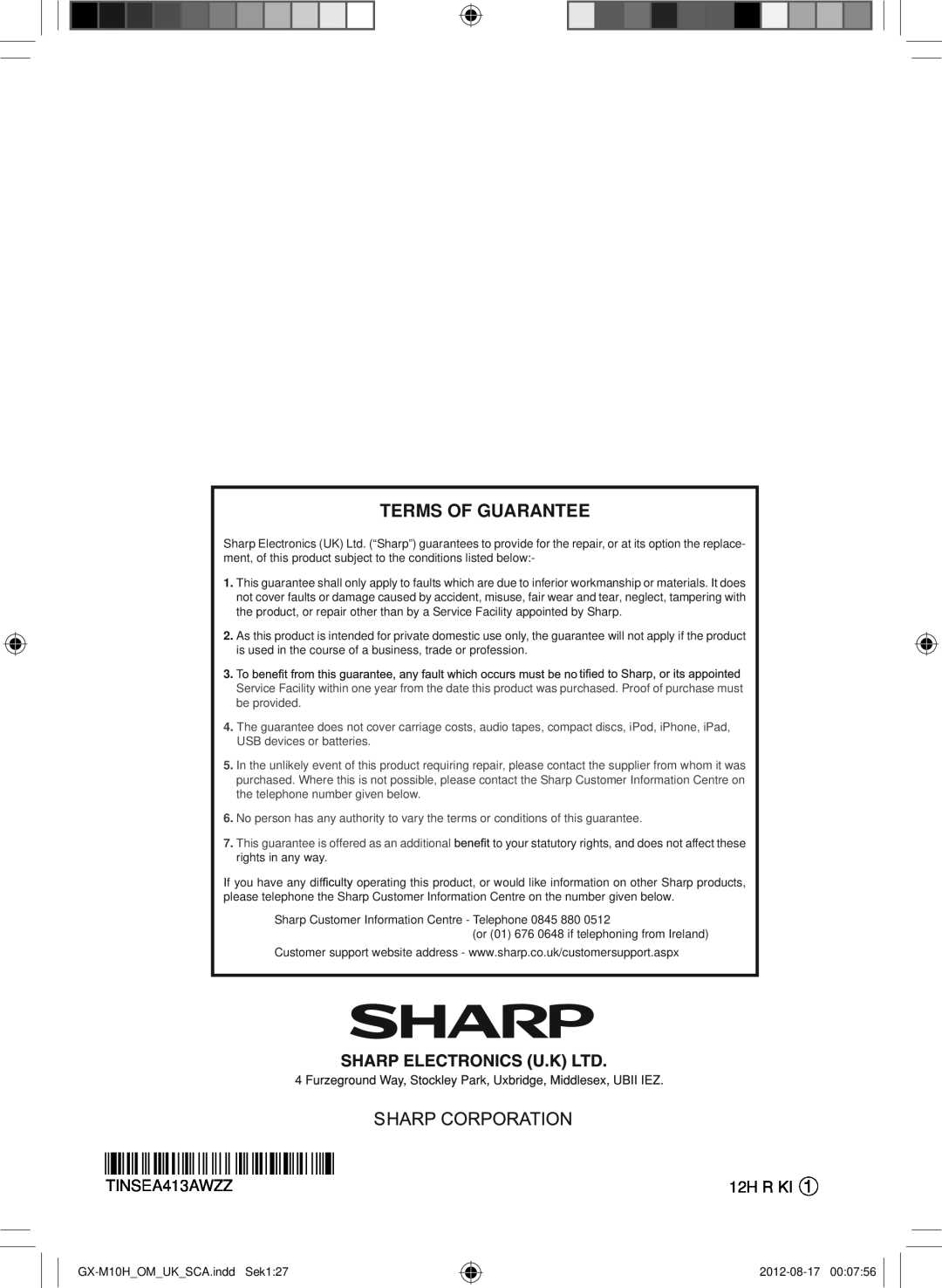 Sharp GX-M10H(OR), GX-M10H(RD) operation manual TINSEA413AWZZO8, Terms Of Guarantee, 12H R KI 