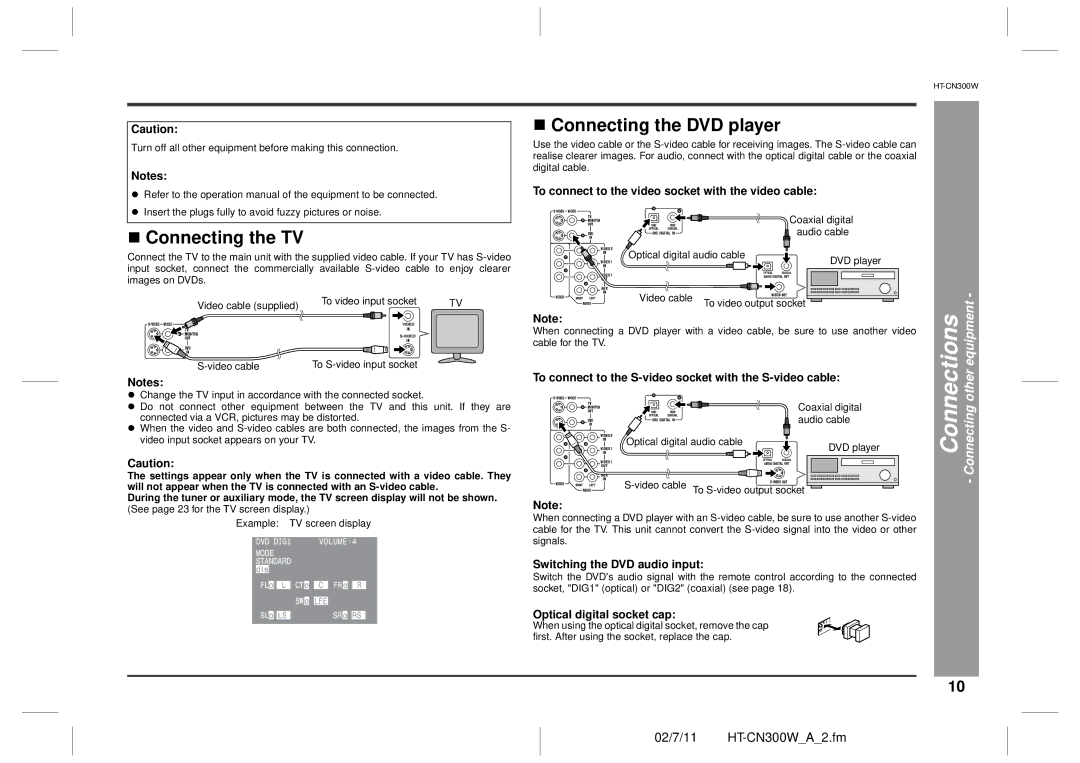 Sharp HT-CN300W operation manual „ Connecting the TV, „ Connecting the DVD player 