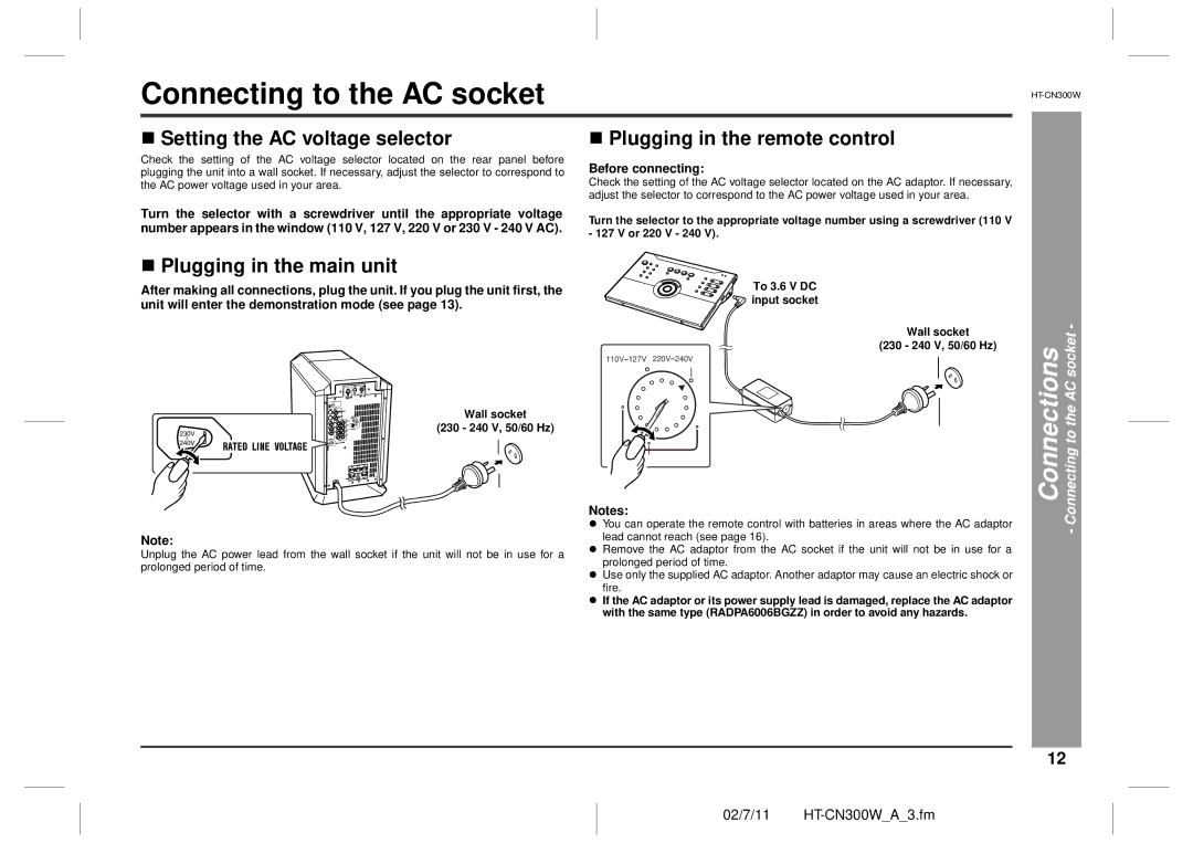 Sharp HT-CN300W Connecting to the AC socket, „ Setting the AC voltage selector, „ Plugging in the remote control 