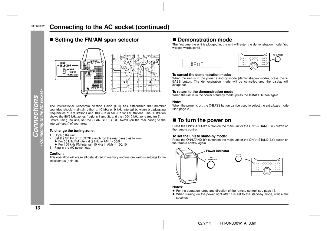 Sharp HT-CN300W „ Setting the FM/AM span selector, „ To turn the power on, Connections Connecting to the AC socket 