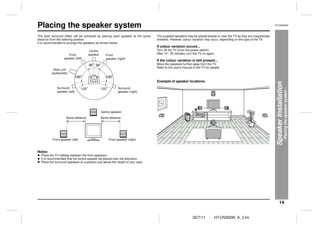 Sharp HT-CN300W operation manual Placing the speaker system, Speaker system 