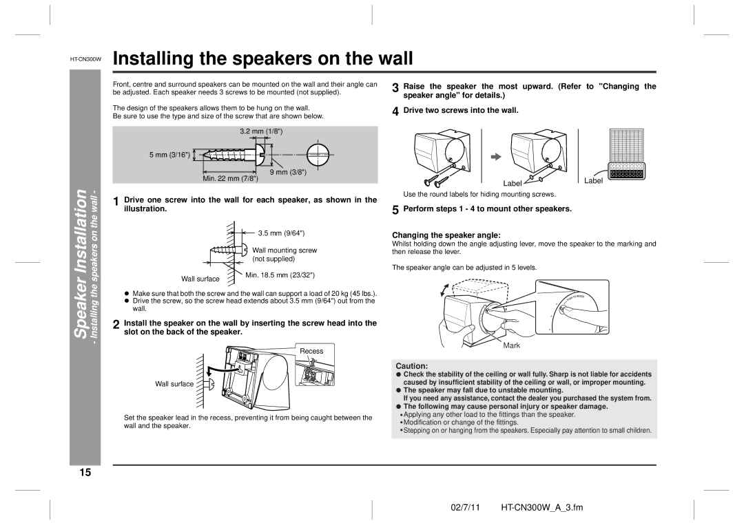 Sharp HT-CN300W operation manual Installing the speakers on the wall, Wall, Perform steps 1 4 to mount other speakers 