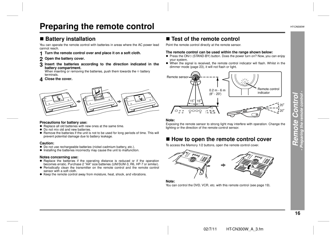 Sharp HT-CN300W Preparing the remote control, „ Battery installation „ Test of the remote control, Remote Preparing 