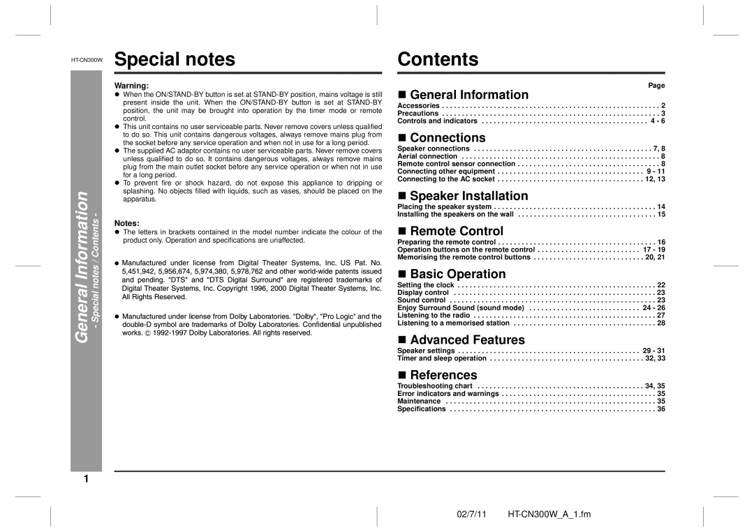 Sharp HT-CN300W operation manual Special notes, Contents 